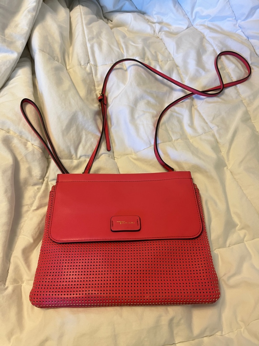 Tahari Red Perforated Leather Crossbody Bag